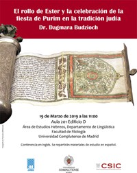 Cartel de la conferencia Conferencia "El rollo de Ester y la celebración de la fiesta de Purim en la tradición"
