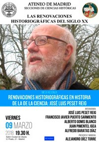 Cartel del ciclo de conferencias y de la mesa redonda Mesa redonda "Renovaciones historiográficas en historia de la de la ciencia: José Luis Peset Reig"