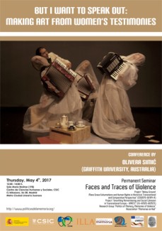 Cartel del seminario Seminario permanente Rastros y Rostros de la violencia: "But I want to speak out: making art from women's testimonies"