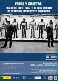 Cartel del seminario Seminario permanente 'Rastros y Rostros de la Violencia': "Fotos y siluetas: Recursos creativos en el movimiento de Derechos Humanos en Argentina"