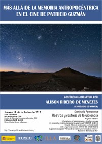Cartel del seminario Seminario permanente Rastros y Rostros de la violencia: "Más Allá de la Memoria Antropocéntrica en el Cine de Patricio Guzmán"