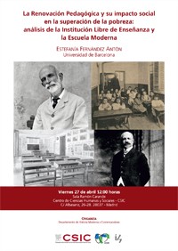 Cartel del seminario Seminario: "La renovación pedagógica y su impacto social en la superación de la pobreza: análisis de la Institución Libre de Enseñanza y la Escuela Moderna"