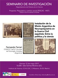 Cartel del seminario Seminario de Investigación del Dpto. de Historia de la Ciencia: "Instalación de la Misión Argentina de Neuropsiquiatría en la Guerra Civil española: Entre la política y la ciencia"
