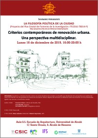Cartel del seminario Seminario permanente «La filosofía política de la ciudad»: "Criterios contemporáneos de renovación urbana. Una perspectiva multidisciplinar"