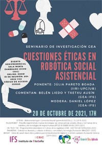 Cartel del seminario Seminario GEA (Grupo de Ética Aplicada): "Cuestiones éticas en robótica social-asistencial"
