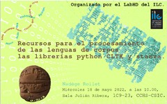 Cartel del seminario Seminario: "Recursos para el procesamiento de las lenguas de corpus: las librerías python CLTK y stanza"