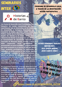 Cartel del seminario Seminarios INTER: "Historias de Barrio. Programa de desarrollo local a través de la Investigación Acción Participativa"