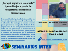 Cartel del seminario Seminarios INTER: "¿Por qué seguir en la escuela? Aprendizajes a partir de trayectorias educativas discontinuas"