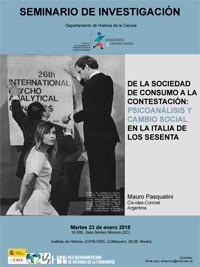 cartel del seminario Seminario de Investigación del grupo Psiquiatría y cambio social: "De la sociedad de consumo a la contestación: psicoanálisis y cambio social en la Italia de los 60's"