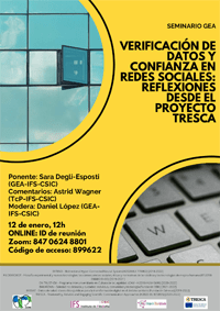 Cartel del seminario Seminario GEA (Grupo de Ética Aplicada): "Verificación de datos y confianza en redes sociales: reflexiones desde el proyecto TESCA"