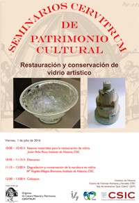 Cartel del seminario Seminarios Cervitrum de Patrimonio Cultural: "Restauración y conservación de vidrio artístico"