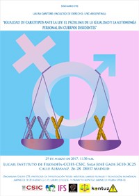 Cartel del seminario Seminario CTG: "Igualdad de cariotipos ante la Ley: el problema de la igualdad y la autonomía personal en cuerpos disidentes"