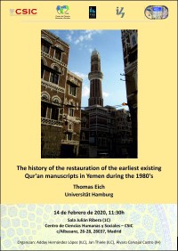 Cartel del seminario Seminario: "The history of the restauration of the earliest existing Qur'an manuscripts in Yemen during the 1980's"