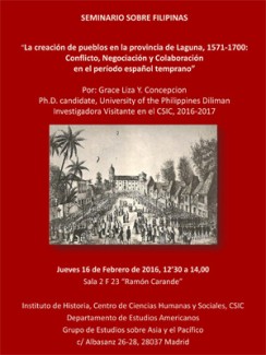 Cartel del seminario Seminario Sobre Filipinas: "La creación de pueblos en la provincia de Laguna, 1571-1700: Conflicto, Negociación y Colaboración en el período español temprano"