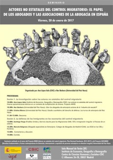 Cartel del seminario Seminario: "Actores no estatales del control migratorio: el papel de los abogados y las asociaciones de la abogacía en España"