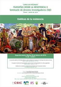 Cartel del seminario Curso de posgrado «Filosofías desde la Resistencia II - Seminario de Jóvenes Investigadores (SIJI)»: "Estéticas de la resistencia"