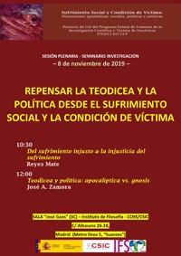 Cartel del seminario Sesión plenaria-Seminario SUFRIVIC: "Repensar la Teodicea y la política desde el sufrimiento social y la condición de víctima"