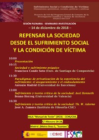 Cartel del seminario Sesión plenaria-Seminario SUFRIVIC: "Repensar la sociedad desde el sufrimiento social y la condición de víctima"