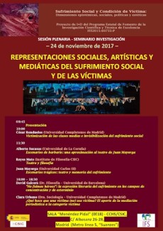 cartel del seminario Sesión plenaria Seminario de investigación Proyecto SUFRIVIC: "Representaciones sociales, artísticas y mediáticas del sufrimiento social y de las víctimas"