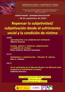 Cartel del seminario Sesión plenaria-Seminario SUFRIVIC: "Repensar la subjetividad/Subjetivación desde el sufrimiento social y condición de víctima"