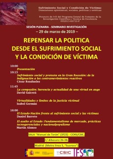 Cartel del seminario Sesión plenaria-Seminario SUFRIVIC: "Repensar la política desde el sufrimiento social y la condición de víctima"