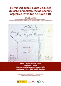 Cartel del seminario Seminario del Departamento de Historia Moderna y Contemporánea: "Tierras indígenas, armas y política durante la 'modernización liberal'. Argentina (2ª mitad del siglo XIX)"