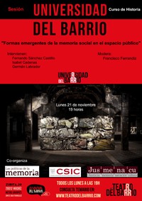Cartel del evento Sesión Universidad del barrio "Formas emergentes de la memoria social en el espacio público"