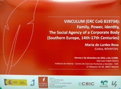 Cartel del seminario Seminario "Vinculum ERC CoG819734: Family, Power, identity. The Social Agency of a Corporate Body (Southern Europe, 14th-17th Centuries)