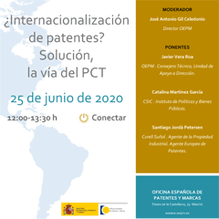 Cartel del evento Webinar-Mesa redonda:"¿Internacionalización de patentes? Solución, la vía del PCT"